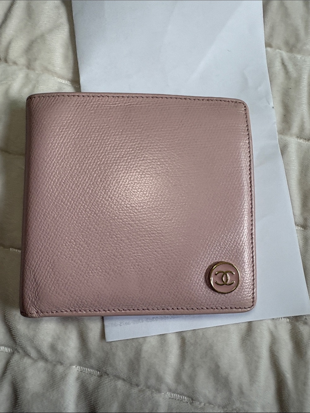 CHANEL Pink Leather Compact bifold wallet with Gold CC Emblem